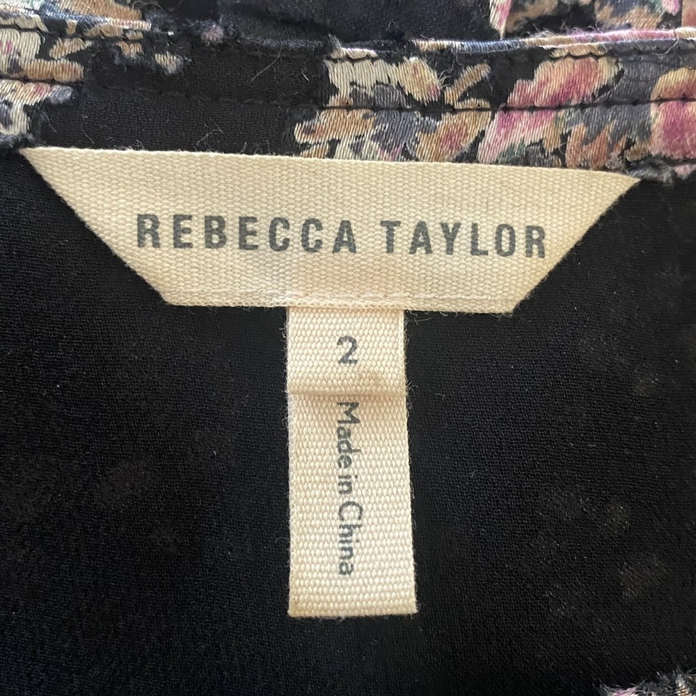 Rebecca Taylor Silk Blend Floral Burnout Blouse Black Pink Drawstring Top 2 - Picture 6 of 9
